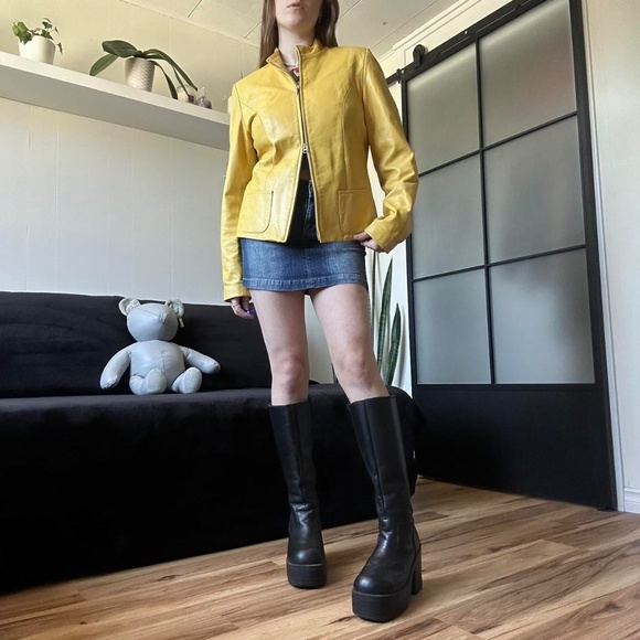 Vtg 1990s Rare Yellow Genuine Leather Double Zip Jacket - Crop Fit - Picture 4 of 8